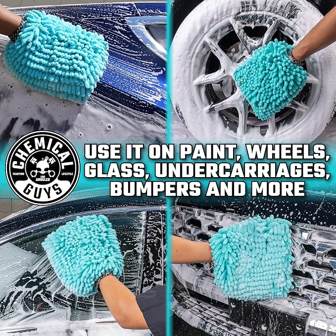 Chemical Guys MIC513 Big Noodle Chenille Microfiber Scratch Free Supersized Car Wash Mitt for Cars, Trucks, SUVs, RVs & More, Turquoise (11" x 12") (Pack of 12)