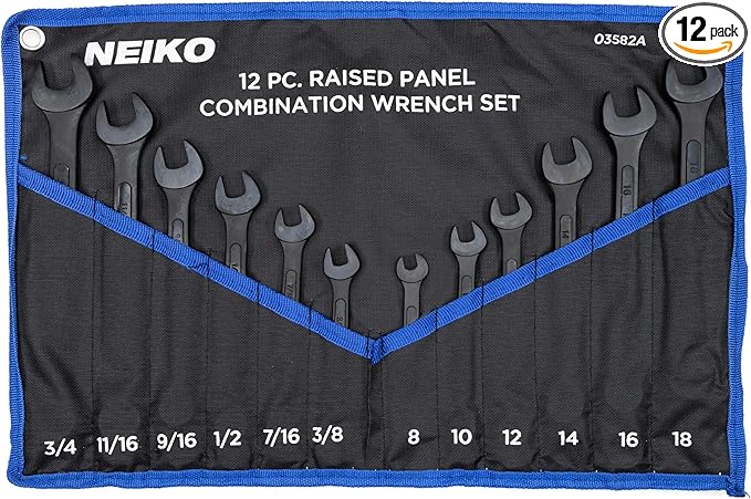 NEIKO 03582A Combination Wrench Set, 12 Pc Raised Panel Combo Wrenches Set, Metric and Standard, Black Oxide Drop Forged Carbon Steel, Mechanic Open End Wrench Set, Small Box End Wrench Set SAE & MM