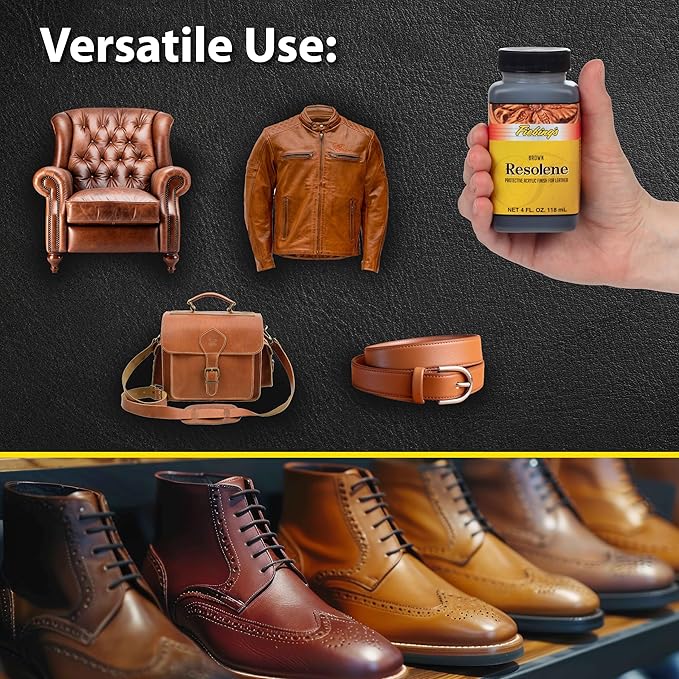 Fiebing's Acrylic Resolene (4 oz) - Protective Acrylic Leather Finisher - Glossy Finish Top Coat for Dyed & Polished Leathercraft - Flexible, Durable, Water Resistant for Boots, Couch, Purse (Brown)