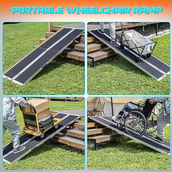 WHALEMOTOR Portable Wheelchair Ramp 8FT, Anti-Slip Aluminum Folding Portable Ramp, Wheelchair Ramps for Home, Weight Capacity Up to 800 LBS, with Transition Plates Above and Below, Loading Dock Plates