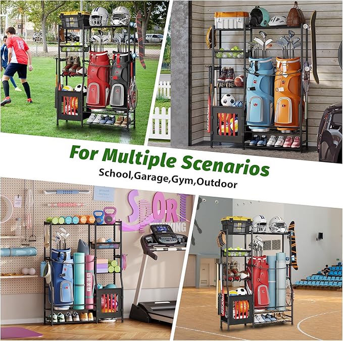 Sports Equipment Organizer Garage Organization , Golf Bag Storage Rack, Organizer for 2 Golf Bag , Indoor/Outdoor Ball Storage Bins for Toy Sports Gear Storage, Ideal for Home, Garage, Club, Basement