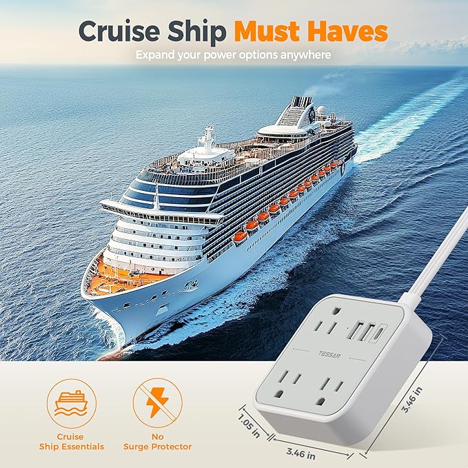 TESSAN Ultra Thin Flat Extension Cord 5 FT, Slim Power Strip with USB Ports (1 USB C), Non Surge Protector Flat Plug Wall Charger with 3 Outlets for Office, School, Cruise Essentials, Grey