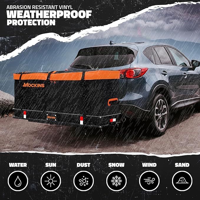 Mockins 16 Cu.Ft. Trailer Hitch Cargo Carrier Bag | 58"x20"x24" Abrasion-Resistant Vinyl Cargo Bag for Hitch Carrier | Waterproof Truck Bed Storage Set w/Buckle Straps, Combination Lock & Carry Case