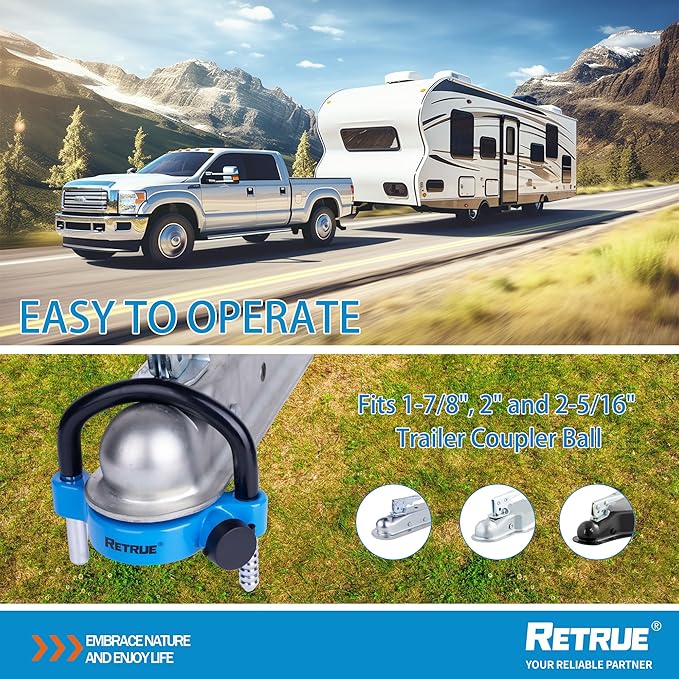 RETRUE Universal Trailer Ball Lock Hitch Coupler Locks Fits 1-7/8 Inch, 2 Inch, 2-5/16 Inch Couplers Adjustable Security with Weatherproof Cover and Cap, Blue