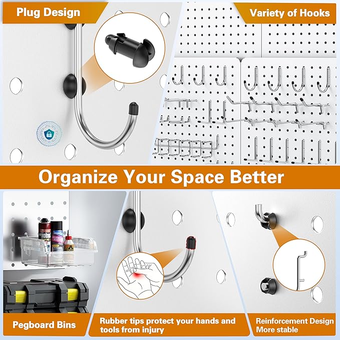 Peg Board, 68PCS Heavy Duty Metal Pegboard with Hooks, 4 Pack White Peg Board Panels, 50lbs Load Capacity Each, Pegboard Wall Organizer for Garage, Workshop, Craft Rooms Total 24” x 24”