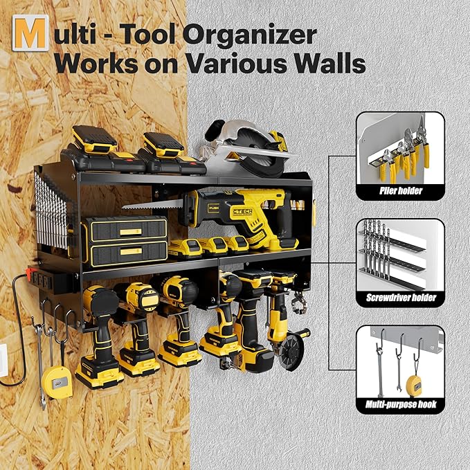 Spampur Power Tool Organizer Wall Mount with Charging Station, 3 Layer Heavy Duty Metal Tool Storage Rack Loads 420lbs with 6 Cordless Drill Holder, Idea Gifts for Men, Garage Workshop