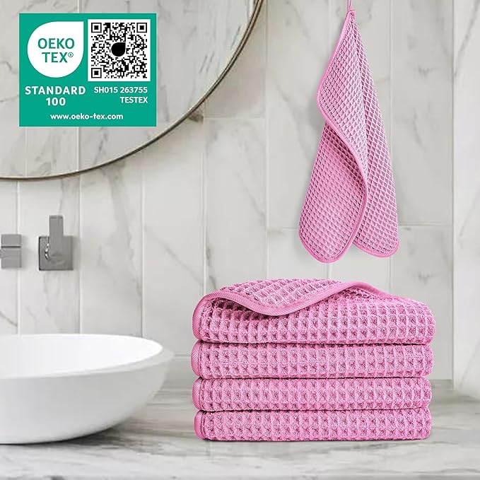 POLYTE 430 GSM Microfiber Lint Free Washcloth Face Towel, 13 x 13 in, 4 Pack (Waffle Weave)