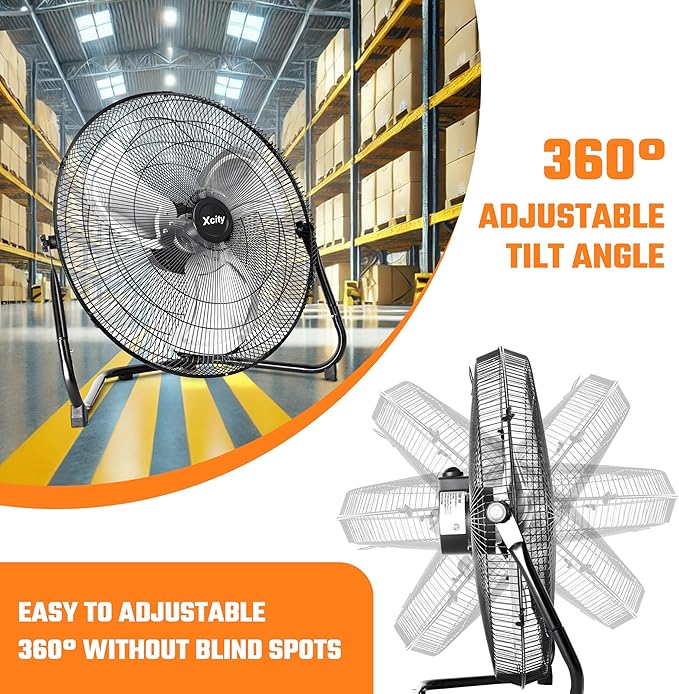 Xcity 18 Inch Metal Industrial Floor Fans, Max 4012 CFM, Heavy Duty High Velocity Fan with 3-speed and 360°Adjustable Tilt, for Warehouse, Workshop, Factory, Garage