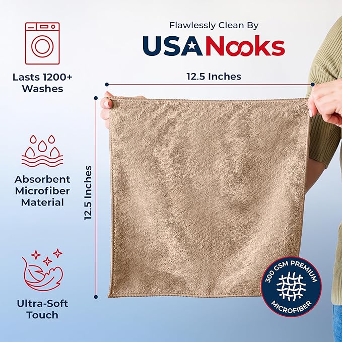USANOOKS Microfiber Cleaning Cloth - Beige - 100Pcs (12.5x12.5 inch) High Performance - 1200 Washes, Ultra Absorbent Car Towel Traps Grime & Liquid for Streak-Free Mirror Shine - car Washing Cloth