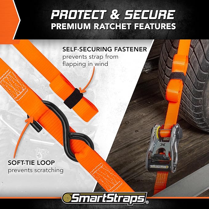 SmartStraps 10’ RatchetX Premium Ratchet Tie-Down Straps, 2 Pack – 3,000lbs Break Strength, 1,000lbs Safe Work Load – Heavy Duty Tie Downs for Heavier Loads