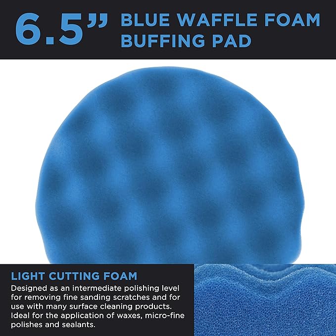 TCP Global 6.5" Blue Waffle Foam Buffing Pad Hook and Loop Backing - Light Cut Pad for Polishing, Automotive, Marine, Truck, RV & Compound Cutting, Car Polishing Pads