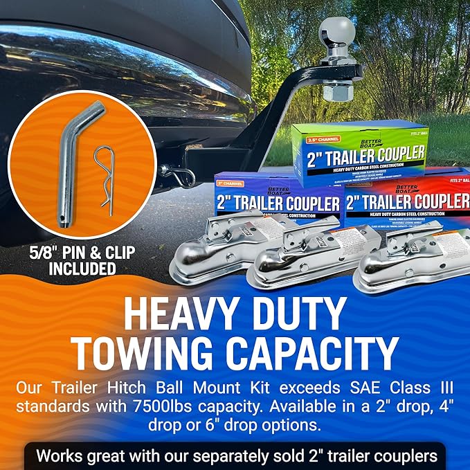 6000 Lbs Carbon Steel Trailer Hitch with 2" Ball, Pin and Cover, 2 Inch Receiver with Towing Starter Kit, Lift or Drop Truck Hitch, Marine Grade Mount, 6 Inch Drop
