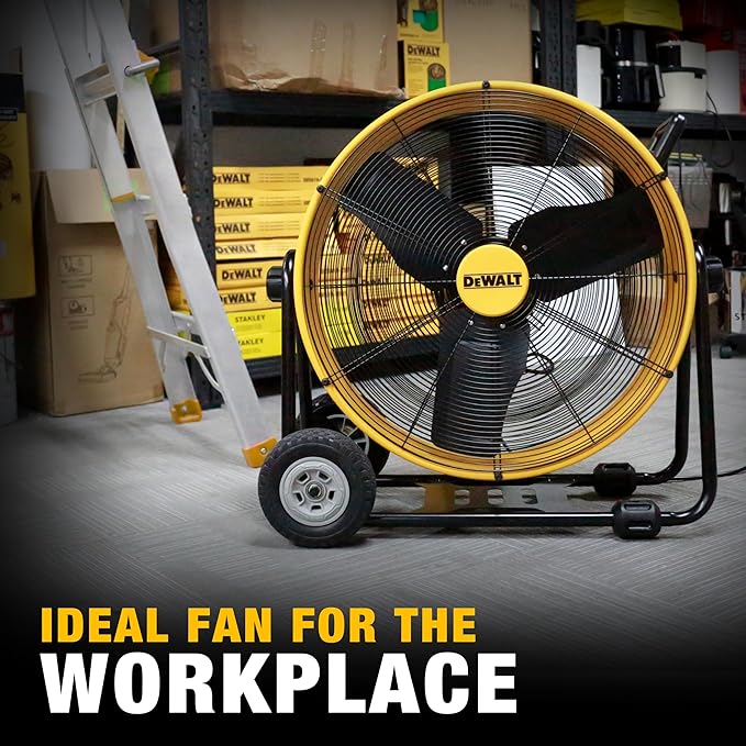 DEWALT DXF2490 High Velocity Fan, Floor Fans, 24 Inch Large Electric Metal Rotating Industrial Fan with 360° Adjustable Tilt & Large Wheel, Drum Fans for Outdoor and Warehouse, Yellow