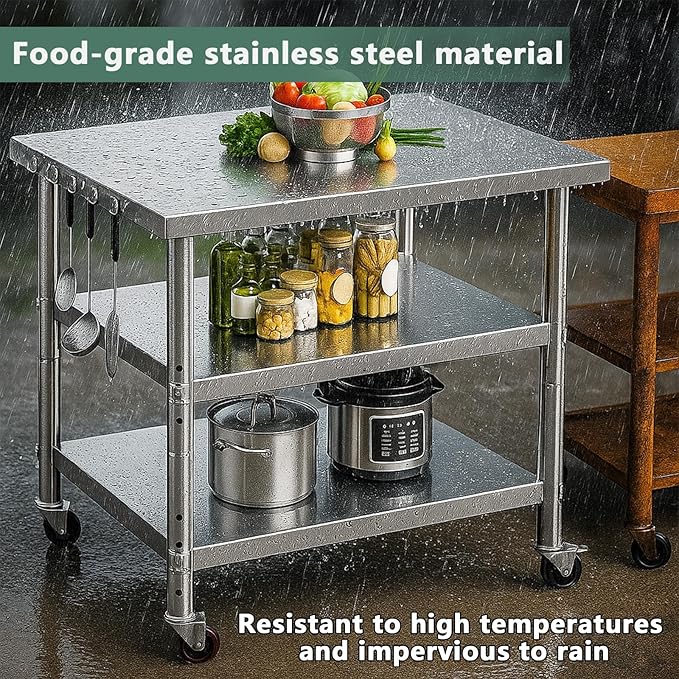Stainless Steel Table with Wheels for Food Preparation and Work, Multi-Size Optional, Three-Layer Variable Two-Layer Metal Commercial Workbench Outdoor, Restaurant, Kitchen (72" Lx24 Wx34 H)