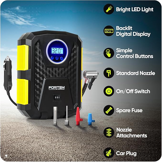 FORTEM Tire Inflator Portable Air Compressor, Air Pump for Car Tires and Bikes, Car Tire Pump w/Auto Shut Off, 150 PSI, 12V DC, LED Light, Carrying Case, for Men, Women