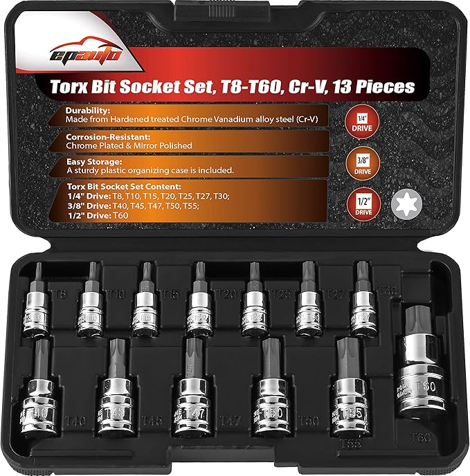 EPAuto 1/2-inch Drive Click Torque Wrench Torx Bit Socket Set, Star Socket T8-T60