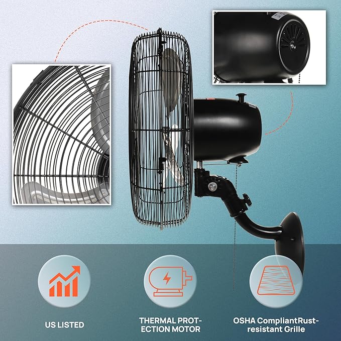 Tornado 16" Pro Series Oscillating Wall Mount Fan – High Velocity Heavy Duty Metal Fan for Industrial, Commercial & Residential Use – UL Listed, 3 Speeds, 2850 CFM, 120V