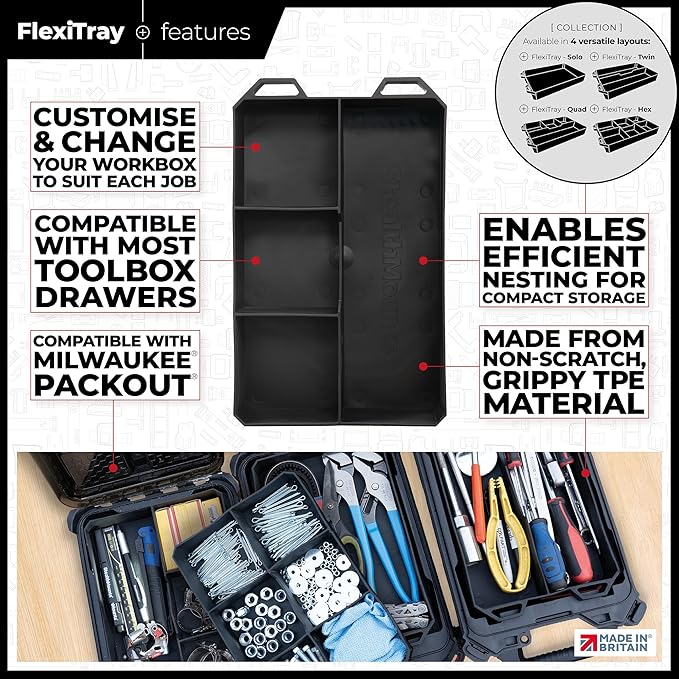 StealthMounts Quad FlexiTray | Flexible Tool Trays Compatible with Milwaukee PACKOUT | Organiser for Tools, Nuts, Bolts & Parts | Workshop, Garage & Van Storage | Made in The UK