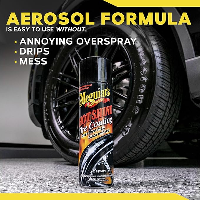 Meguiar's Hot Shine High Gloss Tire Coating, 6 Pack (6 x 15 oz = 90 oz Total) Aerosol Tire Shine Spray for Deep Black Wet Look Tires on Cars Trucks and SUVs After Car Wash Detailing
