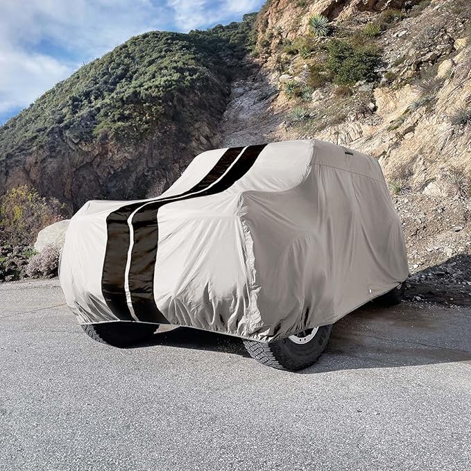 iCarCover Premium Heavy Duty SUV Car Cover - Waterproof All Weather Rain Snow UV Protection, Venue, Soul, XB, Defender 90, Tracker 4-Door, Samurai, Size S59 (See Size Chart), Stripe - Light Gray/Black