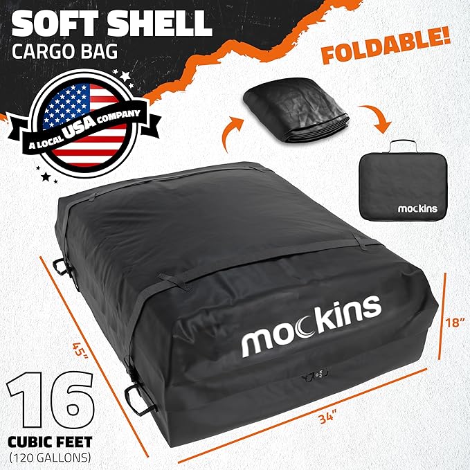 Mockins 16 Cu.Ft. Rooftop Cargo Carrier | 45"x34"x18" Roof Bag for Car Without Rack | Durable Car Topper Luggage Carrier Waterproof Cargo Bag | Weatherproof Vehicle Soft Shell Carriers & Accessories