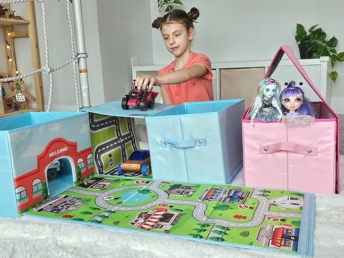 SAM AND MABEL Toy Cars Garage Box – Toy Storage Box with Car Rug Play Mat, Collapsible Storage Organizer for Boys and Girls (GoPlaces)