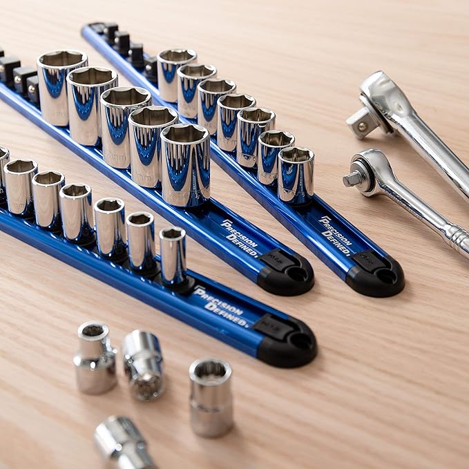 Precision Defined Aluminum Tool Socket Holder 3-Piece Set | Blue, 1/4-Inch x 16 Clips, 3/8-Inch x 16 Clips, 1/2-Inch x 14 Clips | 360 Rotation - Heavy Duty Socket Rails Organizer, Socket Storage
