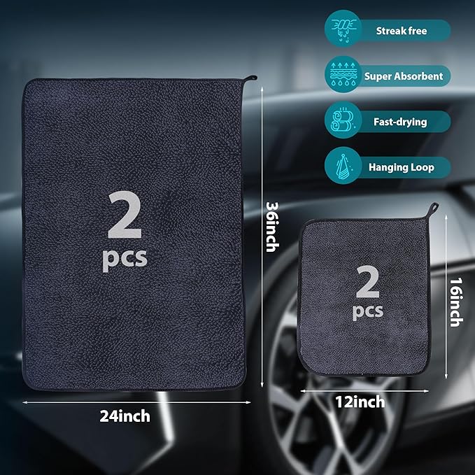 4PCS Car Drying Towel Microfiber Detailing Kit - 36x24 in Car Towels Cleaning Supplies, Reusable Shammy Quick Dry Cloth for Carwash, for Auto, Boat, RV, Garage & Home, Scratch-Safe Absorbent Cleaning