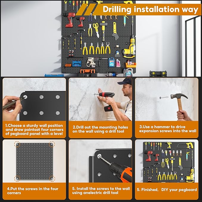 Peg Board,Total 32” x 32”, 68PCS Heavy Duty Metal Pegboard with Hooks, 4 Pack Black Peg Board Panels, 50lbs Load Capacity Each, Pegboard Wall Organizer for Garage, Workshop, Craft Rooms