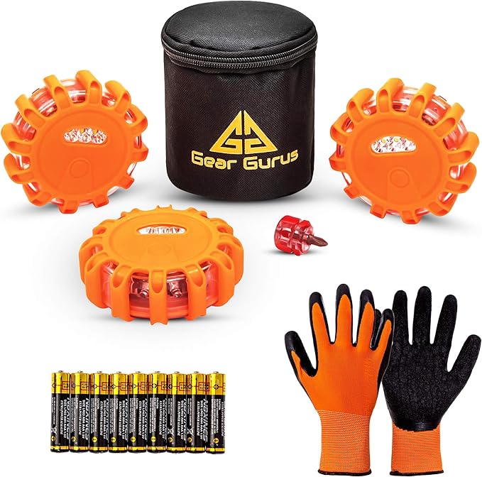3 Pack LED Road Flares Kit - Flashing Warning Light Emergency Disc Beacon Roadside Flare Safety Light Magnetic Base for Car Truck Boat - Includes Batteries Screwdriver Gloves Storage Bag