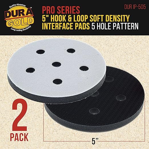 Dura-Gold Pro Series 5" x 10mm Soft Density Sanding Interface Pad, 5 Hole Pattern Dustless, 2 Pack - Hook & Loop Foam Cushion, Used with Vacuum Sander Discs, Polisher Polishing Pads & Backing Pads