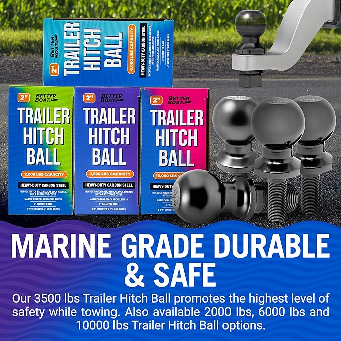 Better Boat 2 Inch Trailer Ball Hitch, 3500lbs Capacity, 3/4" Shank Diameter, 2" Long, Marine Grade Tow Ball for Boats or Towing