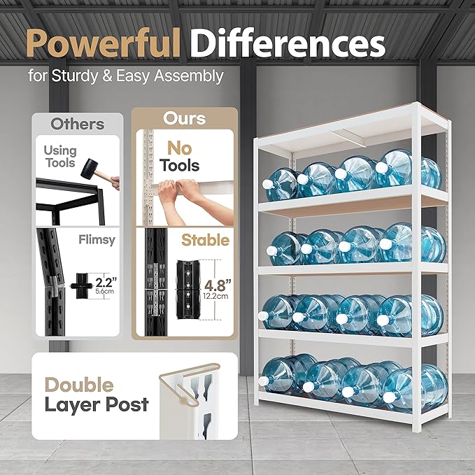 HOMEDANT House 48.1" W Deep 5 Tier Heavy Duty Garage Shelving Adjustable Metal Rack Storage Shelves Standing Shelf Unit Organizers Industrial Warehouse Basement White 1Pack