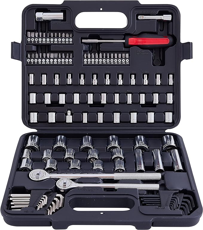 120-Piece Socket Wrench Set with 1/2" & 3/8" Drive Ratchets. Mechanics Tool Kit includes SAE & Metric Sockets, Deep Sockets, Spark Plug Socket, Bits & Hex Keys for Auto Repair, Garage & Gift