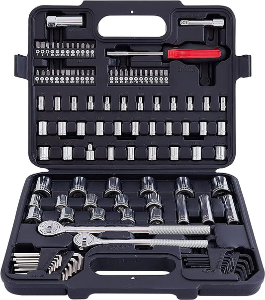 120-Piece Socket Wrench Set with 1/2" & 3/8" Drive Ratchets. Mechanics Tool Kit includes SAE & Metric Sockets, Deep Sockets, Spark Plug Socket, Bits & Hex Keys for Auto Repair, Garage & Gift