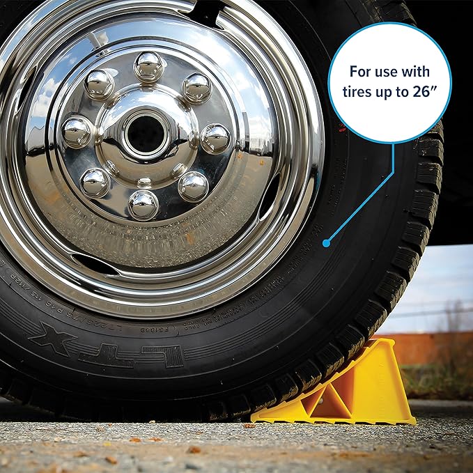 Camco Standard Wheel Chock for Trailers & RVs - Heavy Duty Trailer Wheel Chock Constructed of Durable Plastic w/UV inhibitors - for Use w/Tires Up to 26-inches - Re-Hitch in Confidence - 44412
