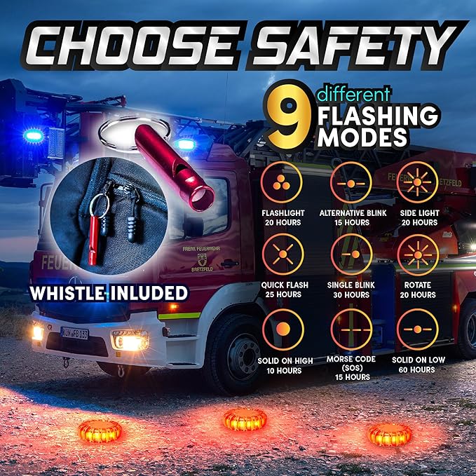 Marcala 3-Pack Emergency Lights for Vehicles | DOT Compliant Emergency Flares for Car with Batteries, Whistle & Case | LED Road Flares | Emergency Roadside Lights | Drive and Feel Safer on the Road!
