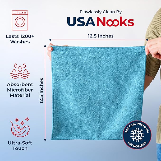 USANOOKS Microfiber Cleaning Cloth - Turq - 24Pcs (12.5x12.5 inch) High Performance - 1200 Washes, Ultra Absorbent Car Towel Traps Grime & Liquid for Streak-Free Mirror Shine - car Washing Cloth