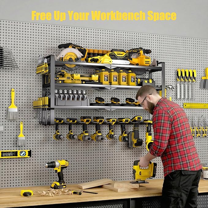 MOOMSINE Large Power Tool Organizer Wall Mount, 4-Tier Heavy Duty Metal Storage Rack Loads 400lbs, Battery Tools Hanger with 8 Cordless Drill Holder for Garage, Workshop, Pegboard, Shed