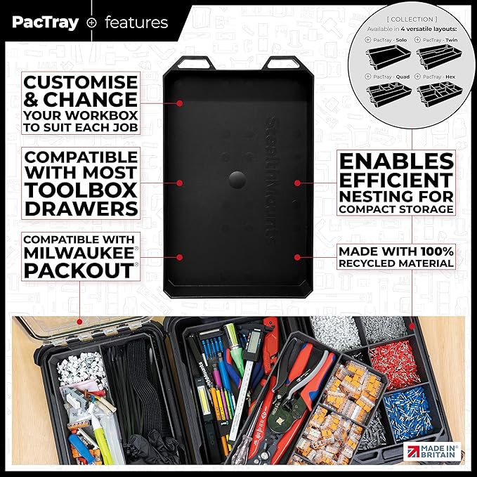 StealthMounts Open PacTray | ABS Tool Tray Compatible with Milwaukee PACKOUT | Organiser for Tools, Nuts & Bolts | Workshop, Garage & Van Storage | Made in The UK
