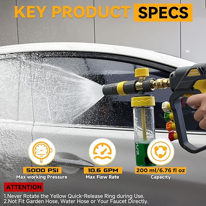 PWACCS Pressure Washer Small No-Dilution Foam Cannon Pro with Short Gun, Power Washer Soap Foam Gun with 4 Spray Nozzles for Car Wash