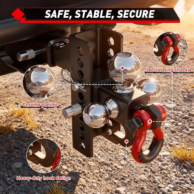 TYT Adjustable Tri-Ball Trailer Hitch for 2 inch Receiver, 4.5" Drop/Rise, Triple Balls (1-7/8", 2", 2-5/16") with Tow Hook & Shackle, 10,000 lbs GTW, 1,000 lbs TW, Pin Lock & Hitch Tightener
