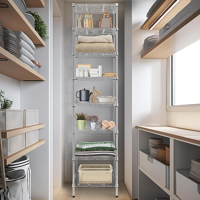 Finnhomy Heavy Duty 8 Tier Wire Shelving, 18x18x78.8 inches 8 Shelves Storage Rack with Thicken Steel Tube, Pantry Shelves for Storage, Adjustable Metal Shelving Unit, NSF Certified, Chrome