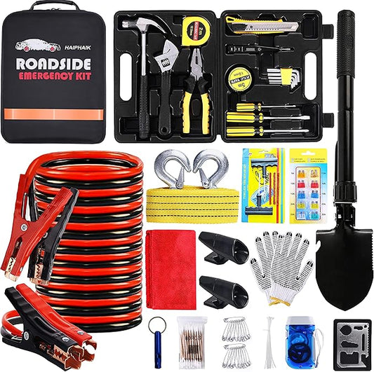 HAIPHAIK Car Emergency Roadside Kit - Roadside Assistance Emergency Kit, Car Emergency Kit with Jumper Cables, Safety Kits for Cars,Folding Shovel, Tow Rope,Car Tool Kit
