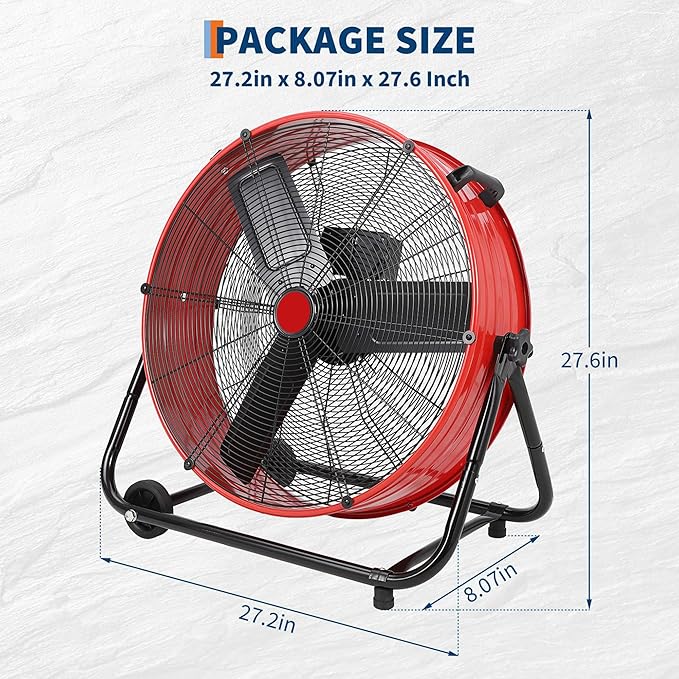 GarveeHome 24 in High Velocity Drum Fan, Heavy Duty Industrial Floor Fan with Adjustable 3 Speed 4800-8800 CFM Cooling, for Industrial Commercial Space Garage, Metal Blades/360° Rotation