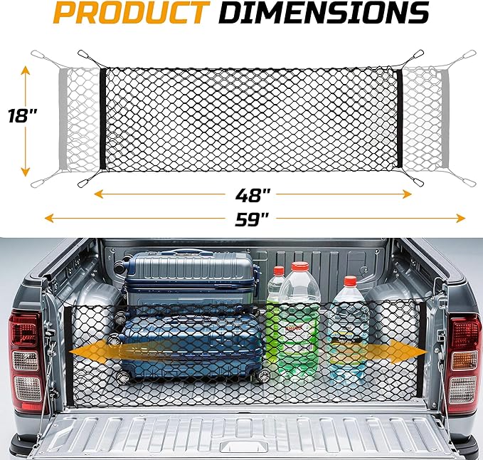 Truck Bed Cargo Net, 49" x 18" (Stretches to 59" x 18'') Envelope Style Organizer, Fits Ford F150, Chevy Silverado, RAM 1500, GMC Sierra, Heavy Duty Mesh with 4 Metal Carabiners for Groceries & Gear