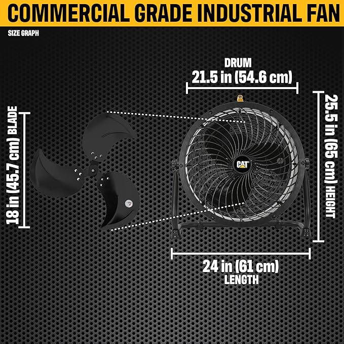 Caterpillar® fan 18”-Blade High-Velocity Drum Fan Heavy Duty Industrial Grade (Yellow, 2-in-1): 3,400 CFM, 4-Speed, 360 Degree Adjustable Drum Head, Dual Ball Bearing Motor with Die-Cast Cover