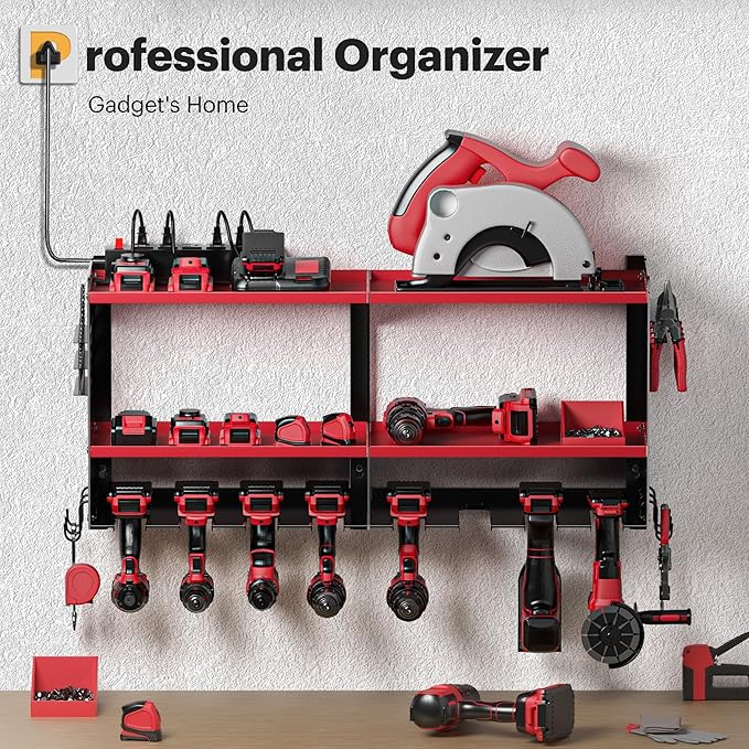 Spampur Power Tool Organizer Wall Mount with Charging Station, 15 Min Assembly & Maximum 420lbs Load by Heavy Duty Metal, 8 Slots for Cordless Drill, Tool Battery Holder with 6 Outlet Power Strip