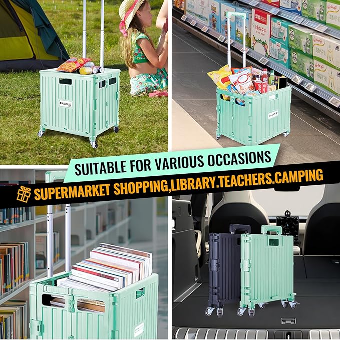 Folding Utility Cart Portable Rolling Crate Handcart Shopping Trolley Collapsible Tool Box, with Lid, Basket on 4 Rotate Wheels, for Grocery, Garden, Office, Storage, Teacher, Tool (Green)
