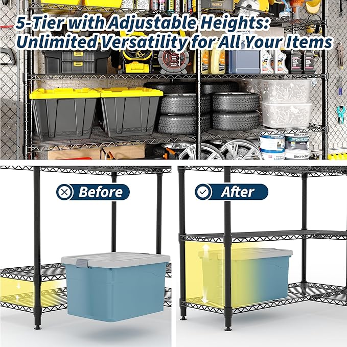 GarveeHome 70" H Storage Shelves 5-Tier L-Shaped Shelving Unit, 1325 LBS Metal Shelves Heavy Duty Shelving Storage Rack Corner Shelf with Adjustable Shelf, for Kitchen Pantry Bedroom
